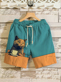 Men's British Short Hair Cat Chilling with Coffee Print Linen Blend Shorts