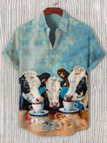 Men's Fun Cows Drinking Coffee Oil Painting Art Print Casual Shirt