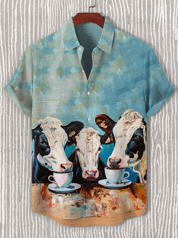 Men's Fun Cows Drinking Coffee Oil Painting Art Print Casual Shirt