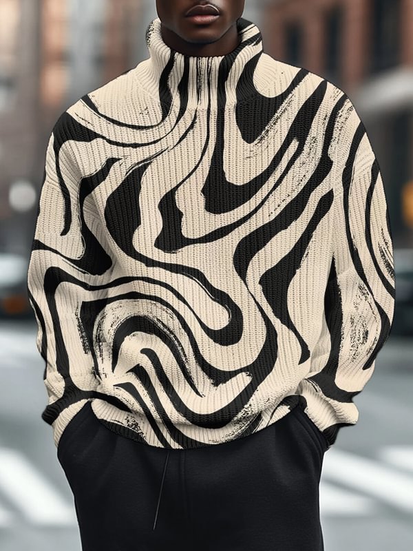 Men's Lines Abstract Art Print High Neck Knit Sweatshirt