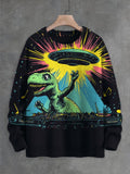 Men's Dinosaur DJ UFO Future Sci-Fi Art Print Knit Sweatshirt