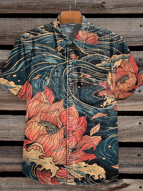 Men's Vintage Indian Folk Lotus Ukiyo-e Distressed Art Print Shirt