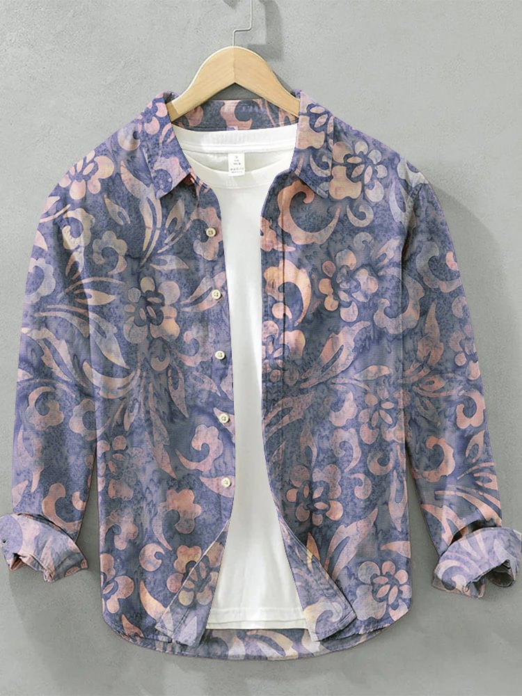 Men's Batik Floral Art Print Long Sleeve Shirt