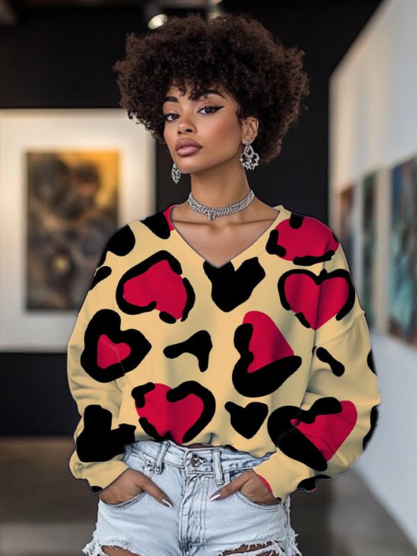 Women's Abstract Love Print Casual V Neck Sweatshirt
