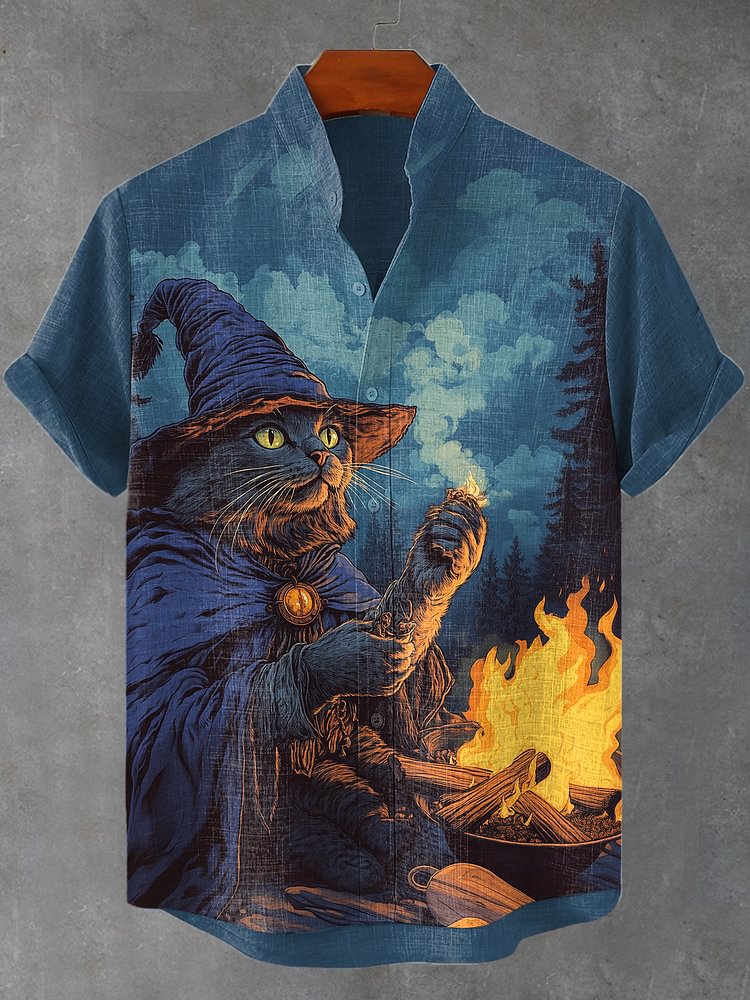 Men's Forest Alchemist Cat Witch Illustration Print Casual Shirt