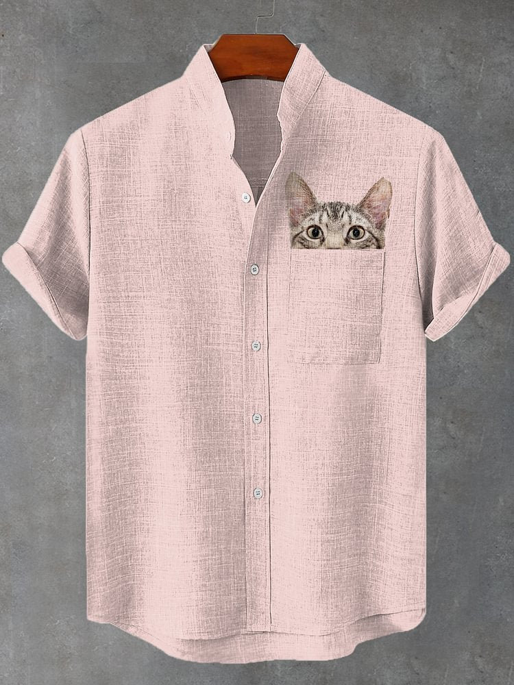 Men's Fun Cat Peeking Art Print Pocket Linen Blend Shirt