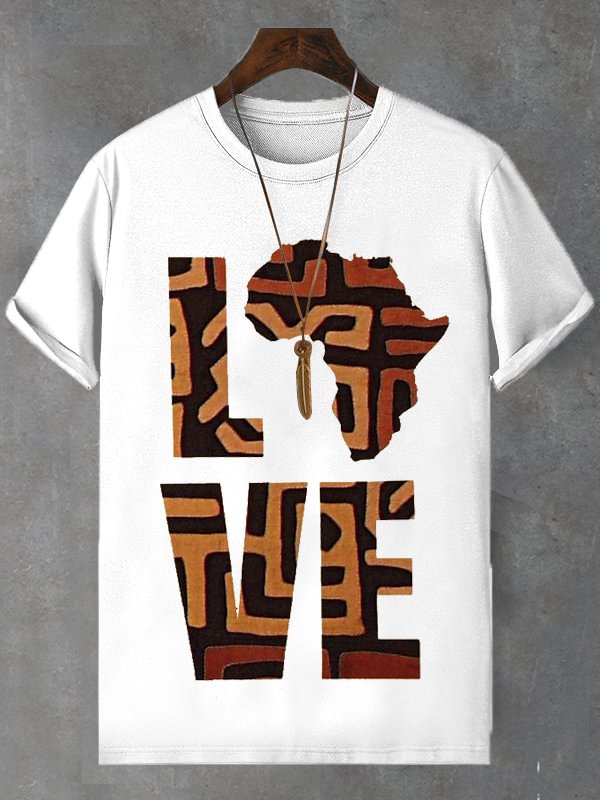 Men's African Tribal Ethnic Map Love Art Print Cotton T-Shirt