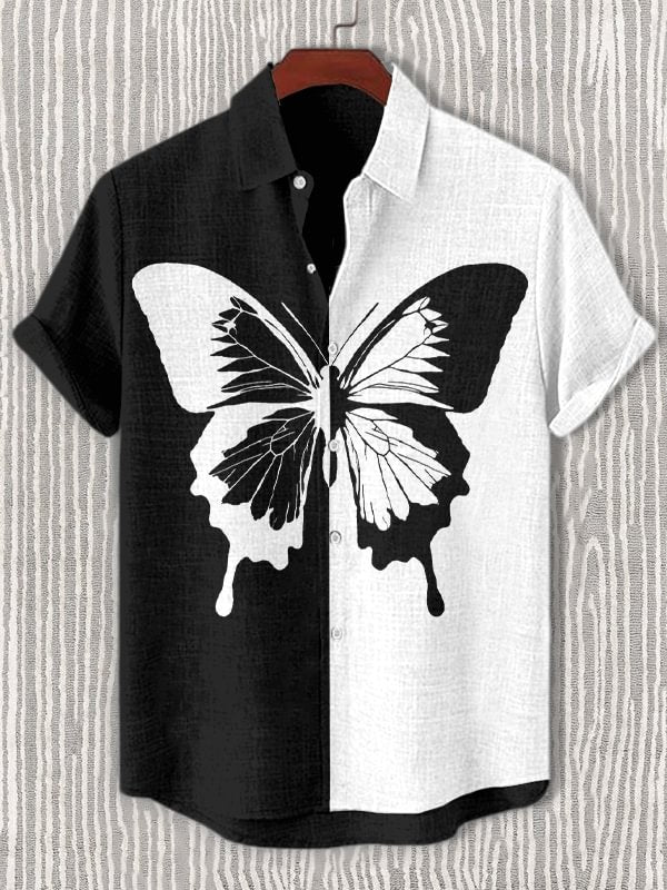 Men's Retro Butterfly Colorblock Japanese Art Print Short Sleeve Shirt