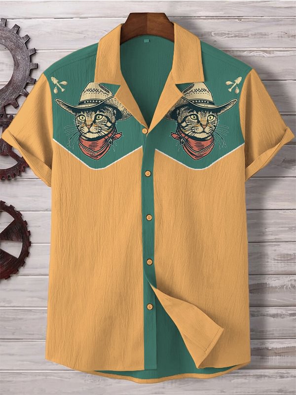 Men's Western Cowcat Art Print Casual Linen Blend Shirt