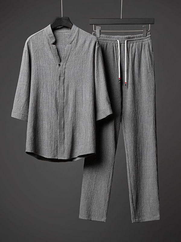 Men's Plain Linen Casual Top Drawstring Pants Matching Set
