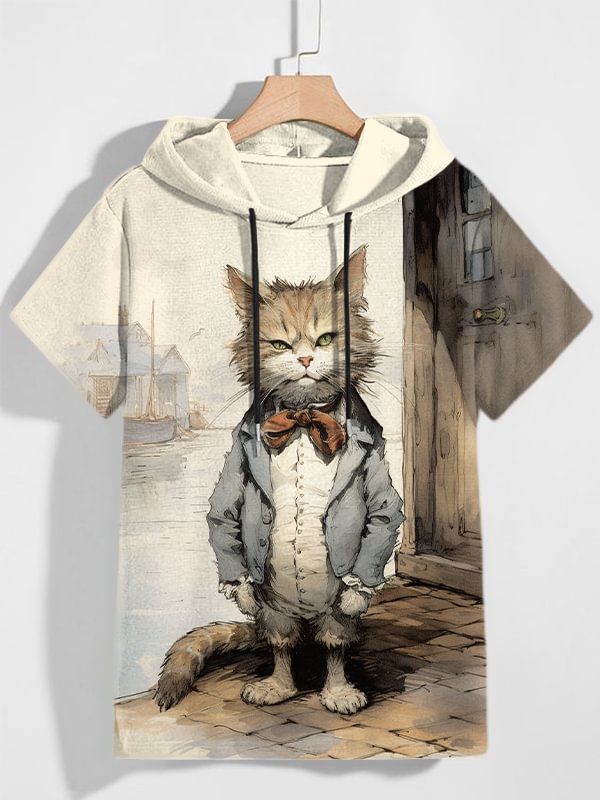 Men's Fun Gentleman Cat Watercolor Art Print Hooded T-Shirt
