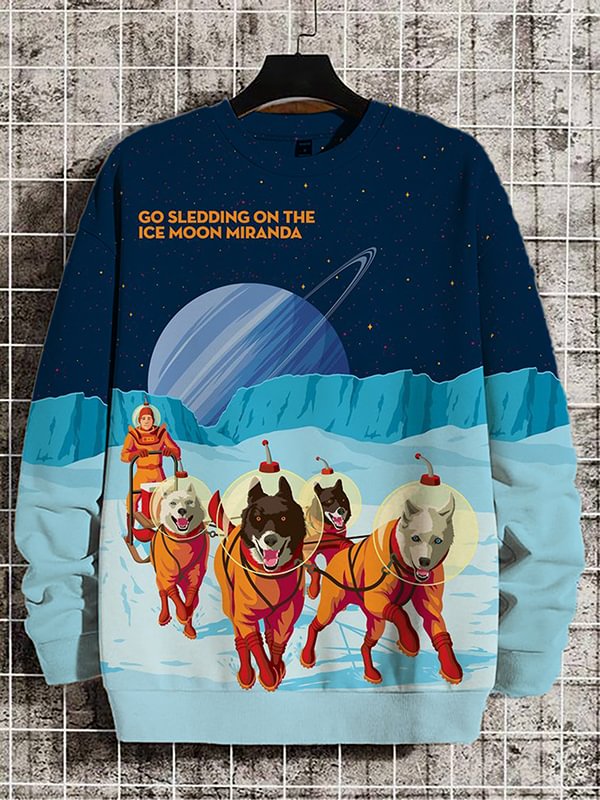Men's Go Sledding On The Ice Moon Miranda Sled Dogs Colorblock Art Print Casual Sweatshirt
