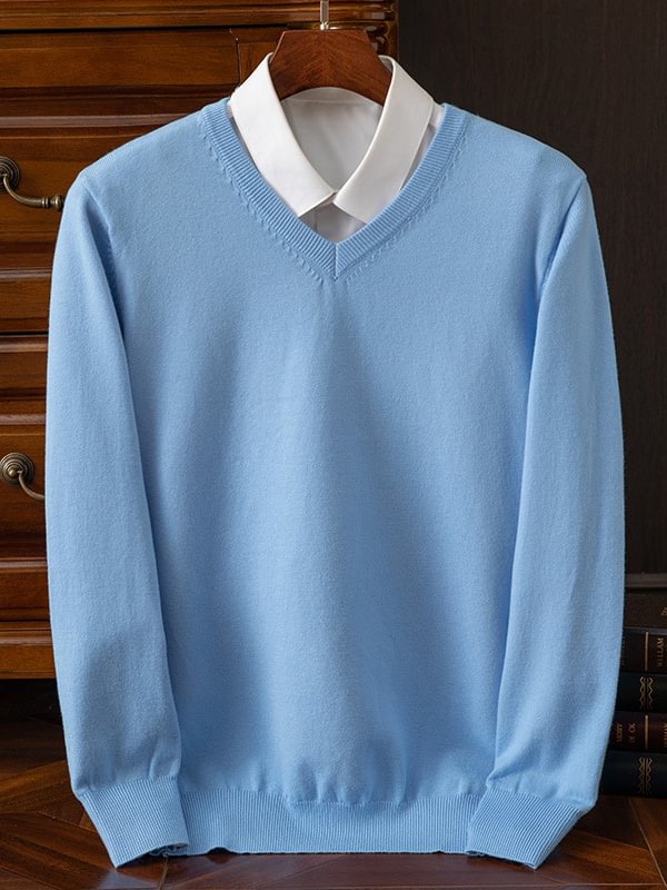 Men's Business Casual Solid Color Long Sleeve V Neck Pullover Sweater