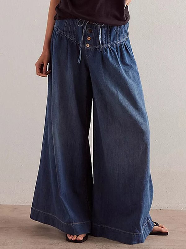 Women's Casual Elastic Drawstring Waist Buttons Loose Fit Wide-Leg Jeans