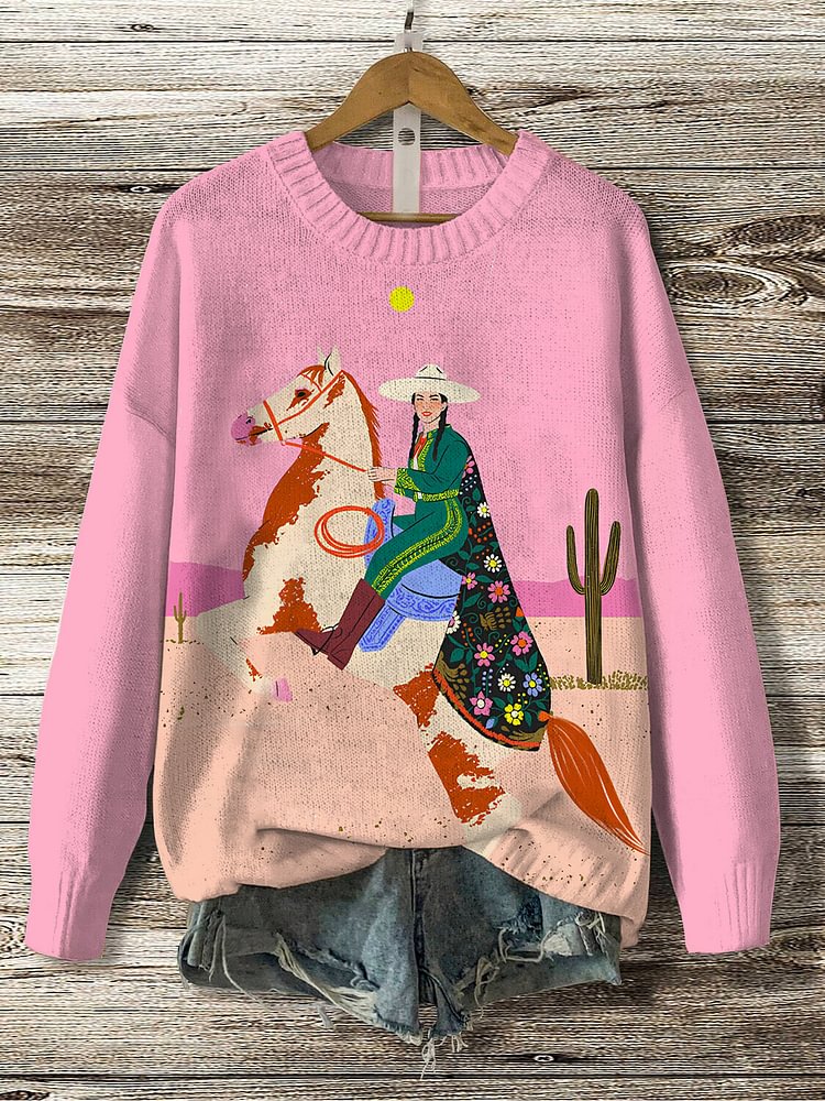 Women's Cowgirl Art Print Knit Sweatshirt