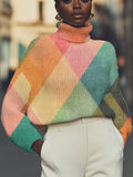 Women's Geometric Art Colorful Matching Print High Neck Knit Sweatshirt