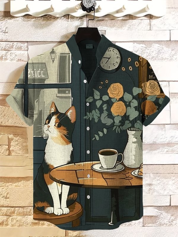 Men's Cat Cafe Framed Art Print Linen Blend Shirt