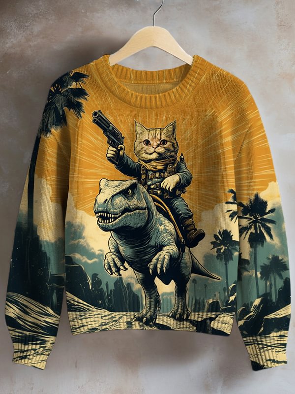Women's Cat And Dinosaur Fantasy Adventure Art Print Knit Sweatshirt