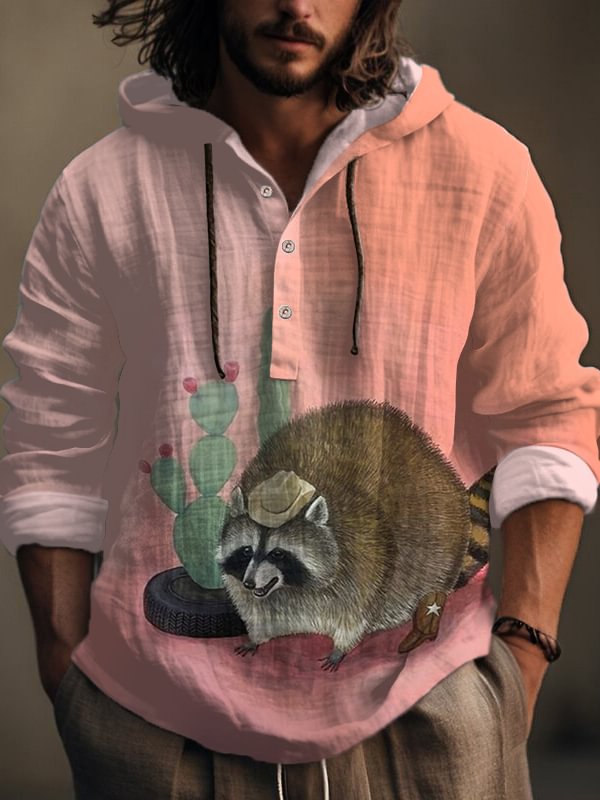 Men's Funny Screaming Raccoon Western Art Print Hooded Shirt