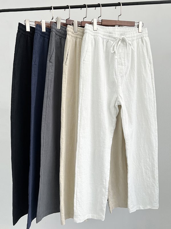 Men's Casual Solid Slant Pocket Elastic Waist Drawstring Straight-Leg Cotton Pants