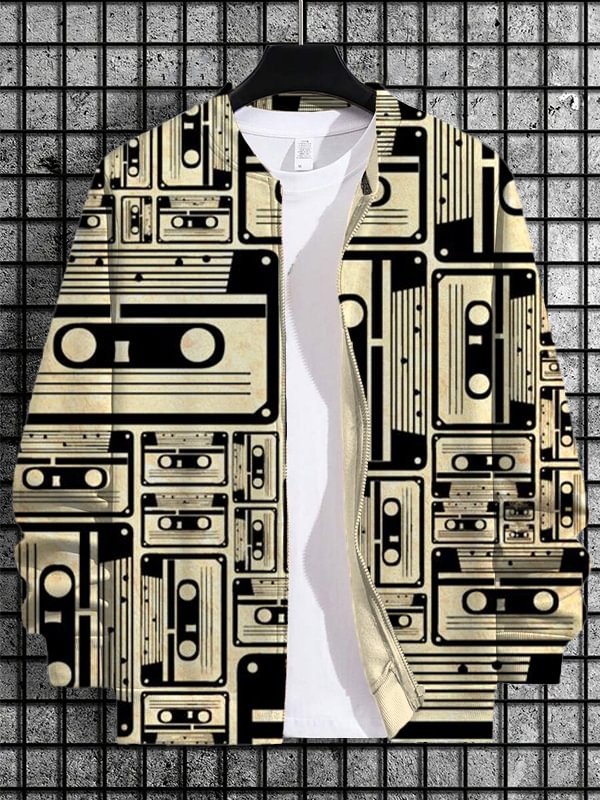 Men's Retro Cassette Art Print Casual Zip Up Jacket