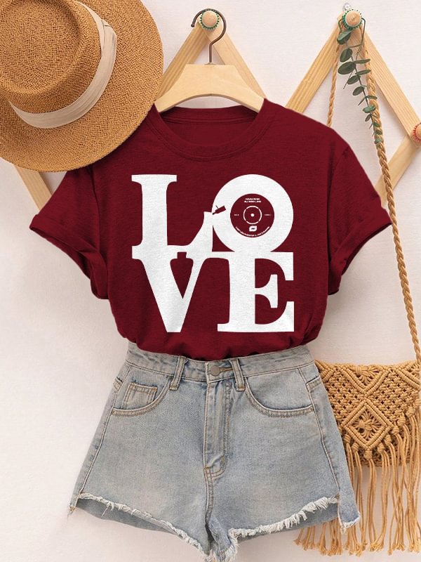 Women's Love Vinyl Record Music Art Print Cotton Casual T-Shirt