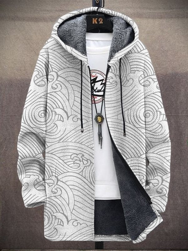 Men's Japanese Art Wave Pattern All Over Print Retro Hooded Trench Coat