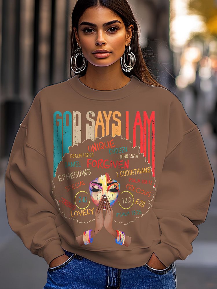 Women's Black Girl God Says I Am Black Melanin History Month Pride Print Cotton Long Sleeve T-Shirt Thin Sweatshirt
