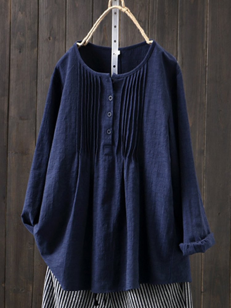 Women's Crinkle Chest Long Sleeve Round Neck Loose Blouse