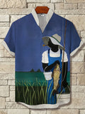Men's Black Fisherman Field Art Print Linen Blend Shirt