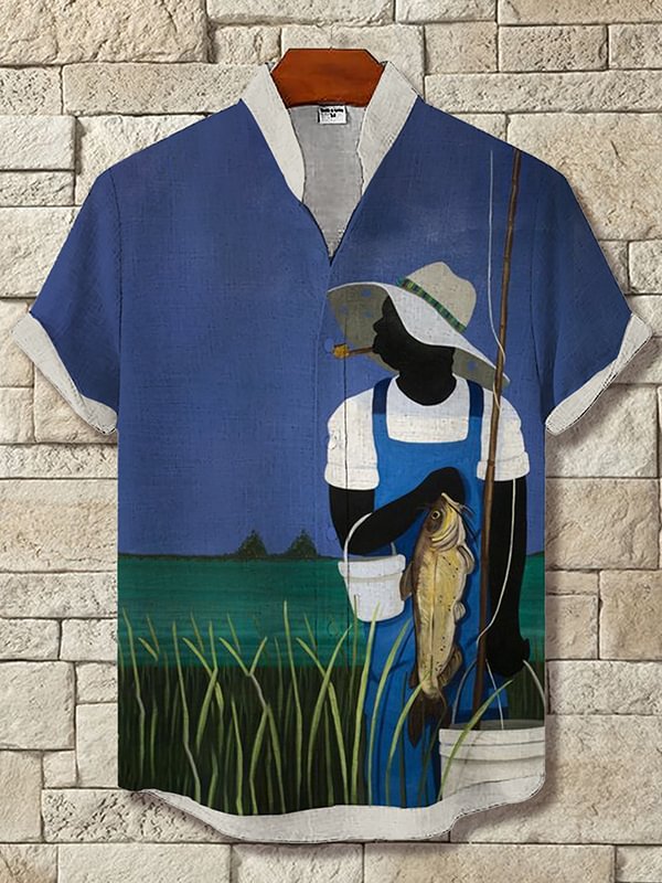 Men's Black Fisherman Field Art Print Linen Blend Shirt
