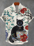 Men's Blue And White Pottery Cat Boho Floral Ink Painting Print Casual Shirt