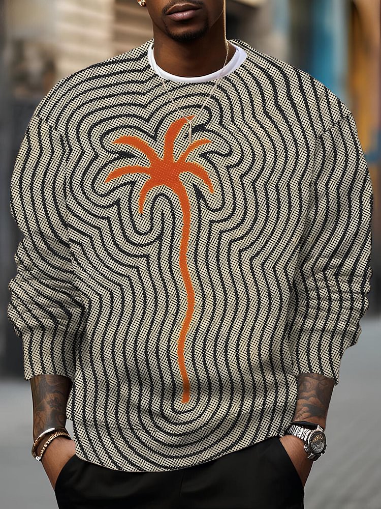 Men's Psychedelic Abstract Stripes Coconut Tree Print Casual Sweatshirt