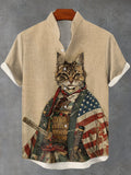 Men's Retro American Flag Cat Warrior Art Short Sleeve Linen Blend Shirt