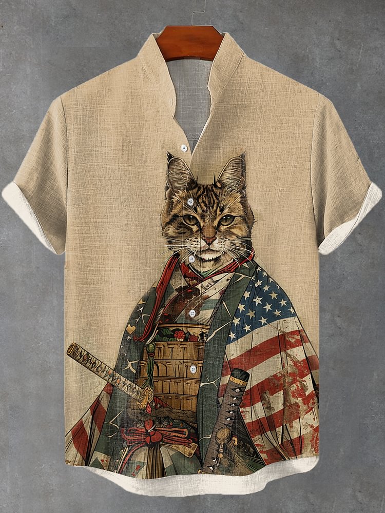Men's Retro American Flag Cat Warrior Art Short Sleeve Linen Blend Shirt