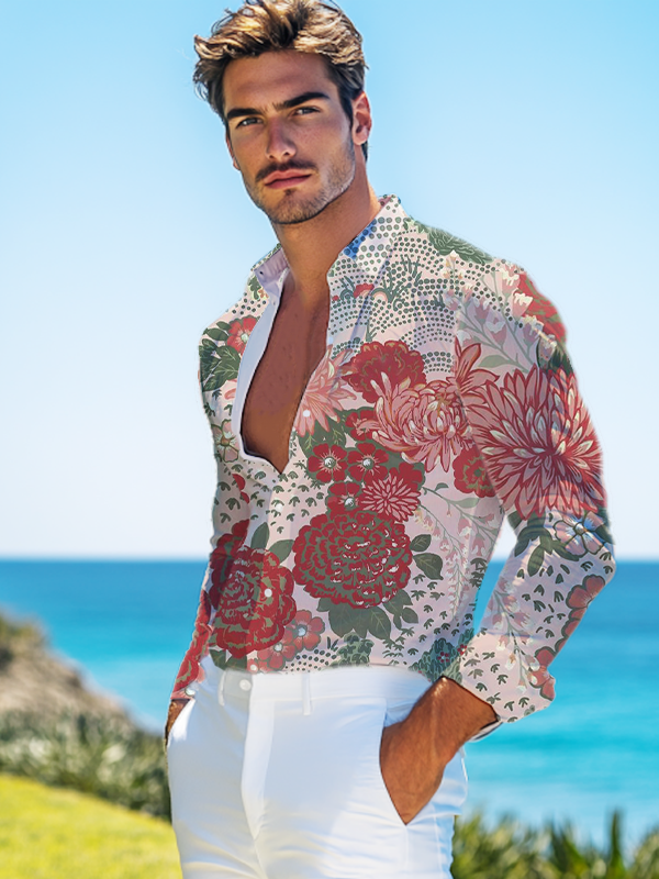 Men's Chrysanthemum Vacation Print Long Sleeve Shirt