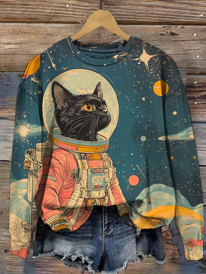Women's Space Astronaut Cat Art Print Casual Sweatshirt