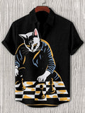 Men's Smart Cat Playing Chess Print Casual Shirt