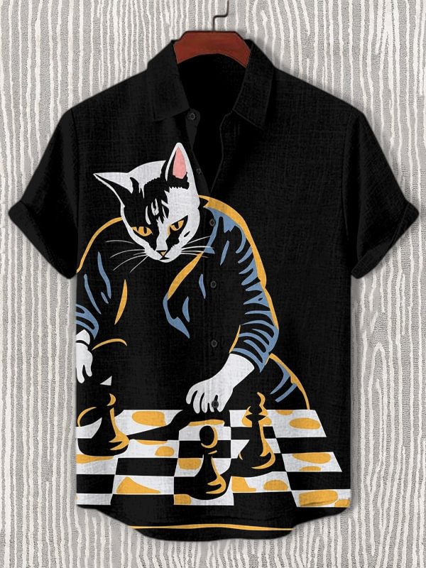 Men's Smart Cat Playing Chess Print Casual Shirt