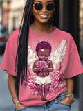 Women's Valentine's Day Black Cupid Angel Print Casual T-Shirt