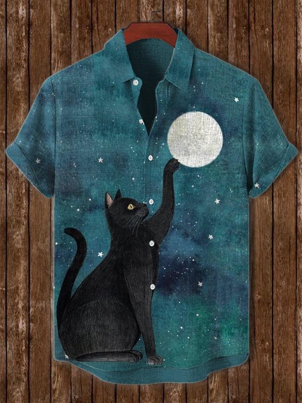 Men's Starry Night Black Cat Art Print Short Sleeve Shirt