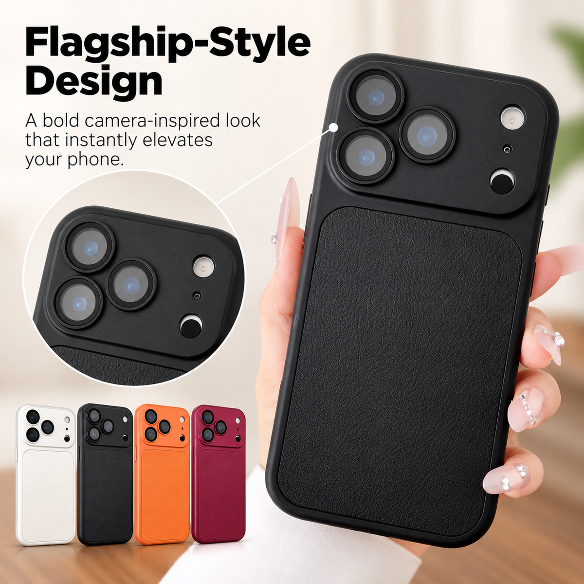 Flagship-Style Leather Texture Phone Case – Premium Camera-Inspired Design, Slim Protective Cover, Stylish Phone Upgrade