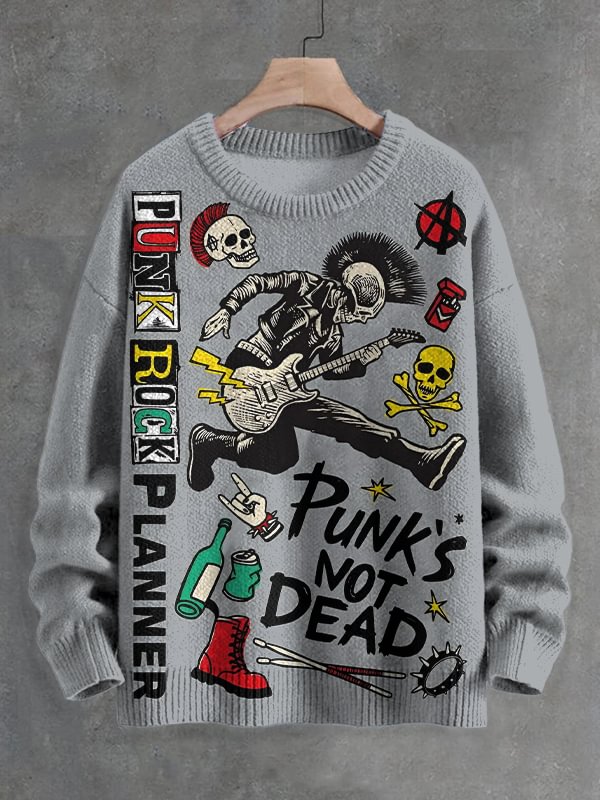 Men's Vintage Punk Rock Planner Punk's Not Dead Print Knit Sweatshirt