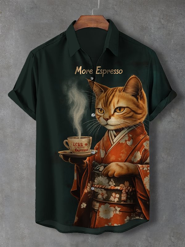 Men's More Espresso Less Depresso Cat Drinking Coffee Japanese Art Print Shirt