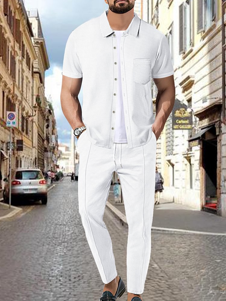 Men's Waffle Solid Color Short Sleeve Shirt Slant Pocket Pants Matching Set