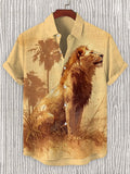 Men's Majestic Lion Art Print Linen Blend Shirt