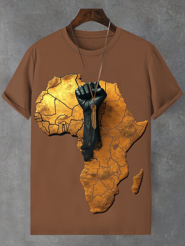 Men's African Map Black Fist Three-Dimensional Print Cotton Casual T-Shirt