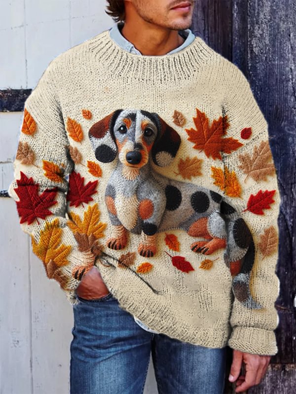 Men's Fallen Leaves Dachshund Print Knit Sweatshirt