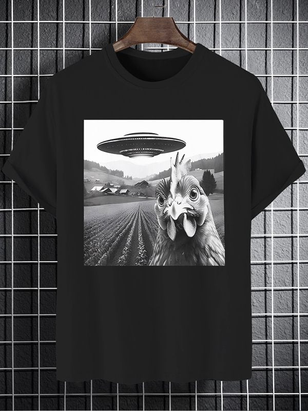 Men's Chicken UFO Alien Flying Saucer Graphic Print Cotton Casual T-Shirt