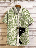 Men's Peekaboo Cat Tree Flower Botanical Art Print Linen Blend Shirt